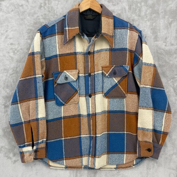 Vintage JC Penny Blue Tan Plaid Fuzzy Distressed Shacket Button Up Shirt - Picture 1 of 13